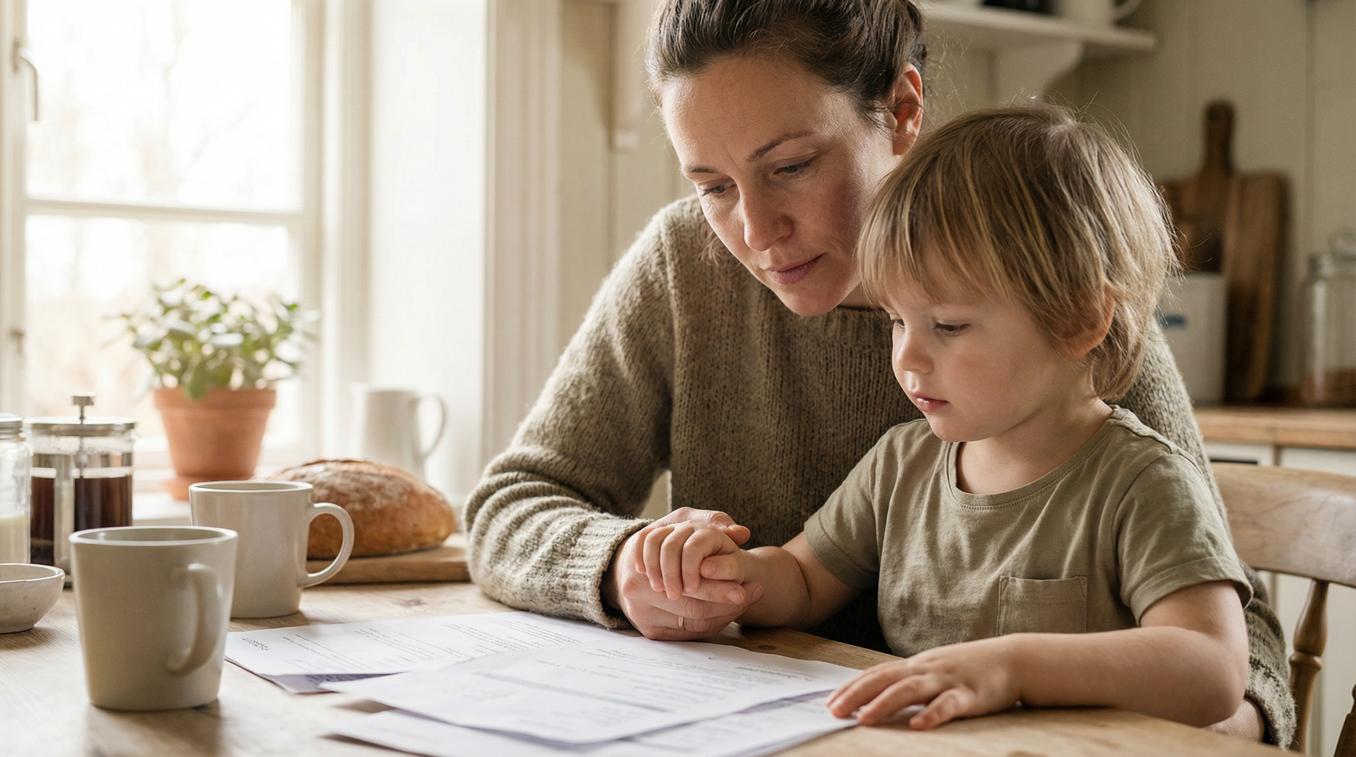 Parent and child looking at papers together at kitchen table